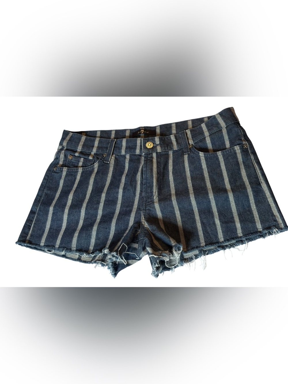 7 For All Mankind Blue Striped Frayed Hem Denim Shorts